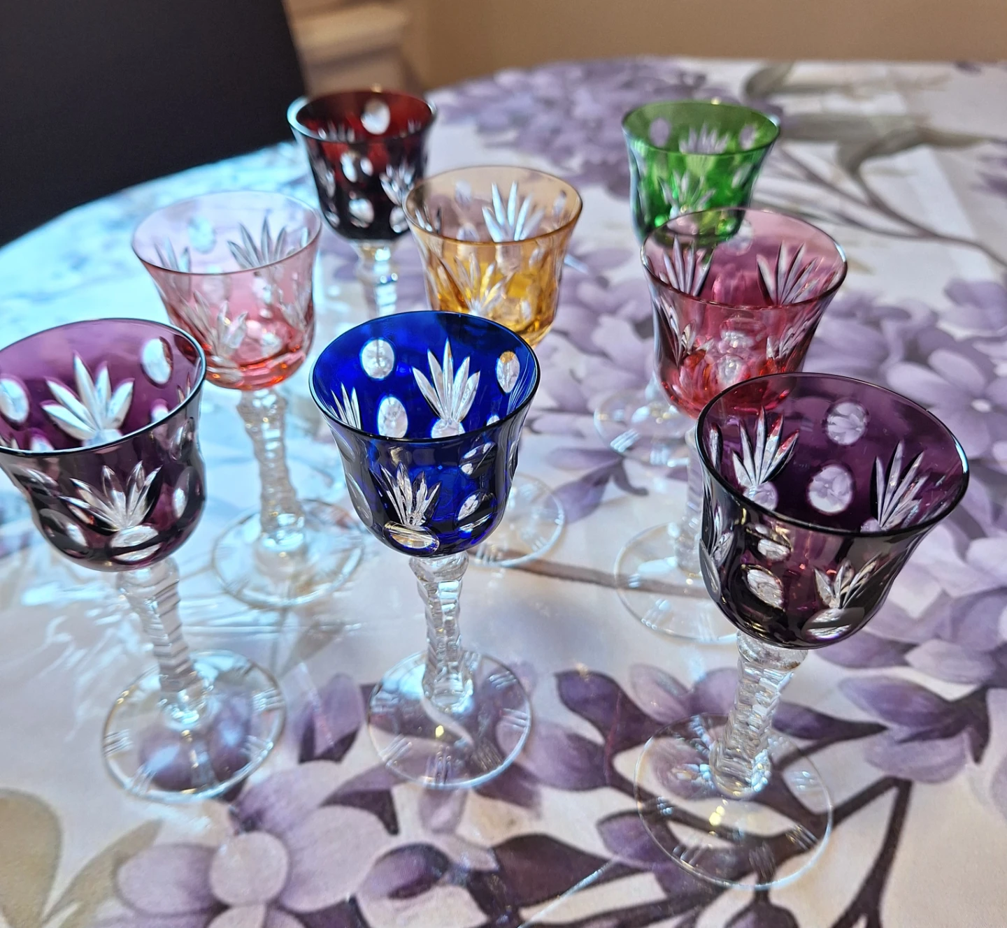 Set of 8 Multicolored Crystal Liqueur Glasses