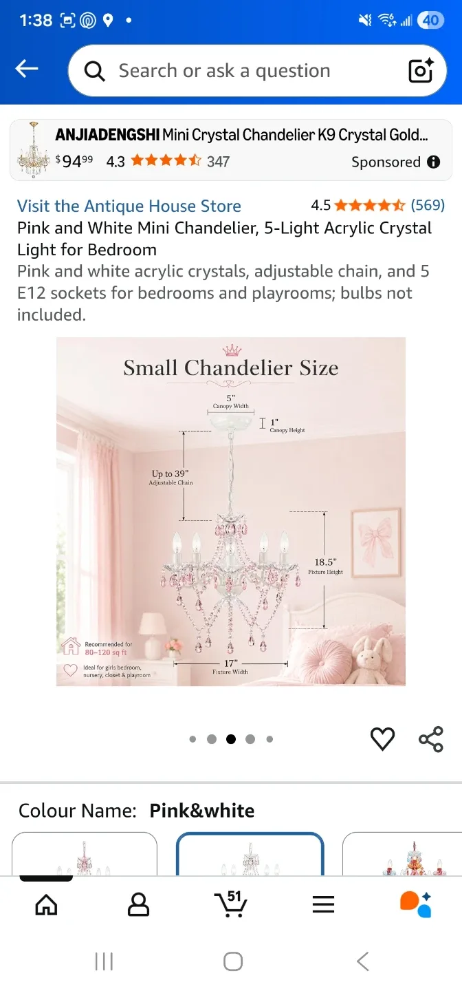 Pink and White 5-Light Acrylic Mini Chandelier - photo 2