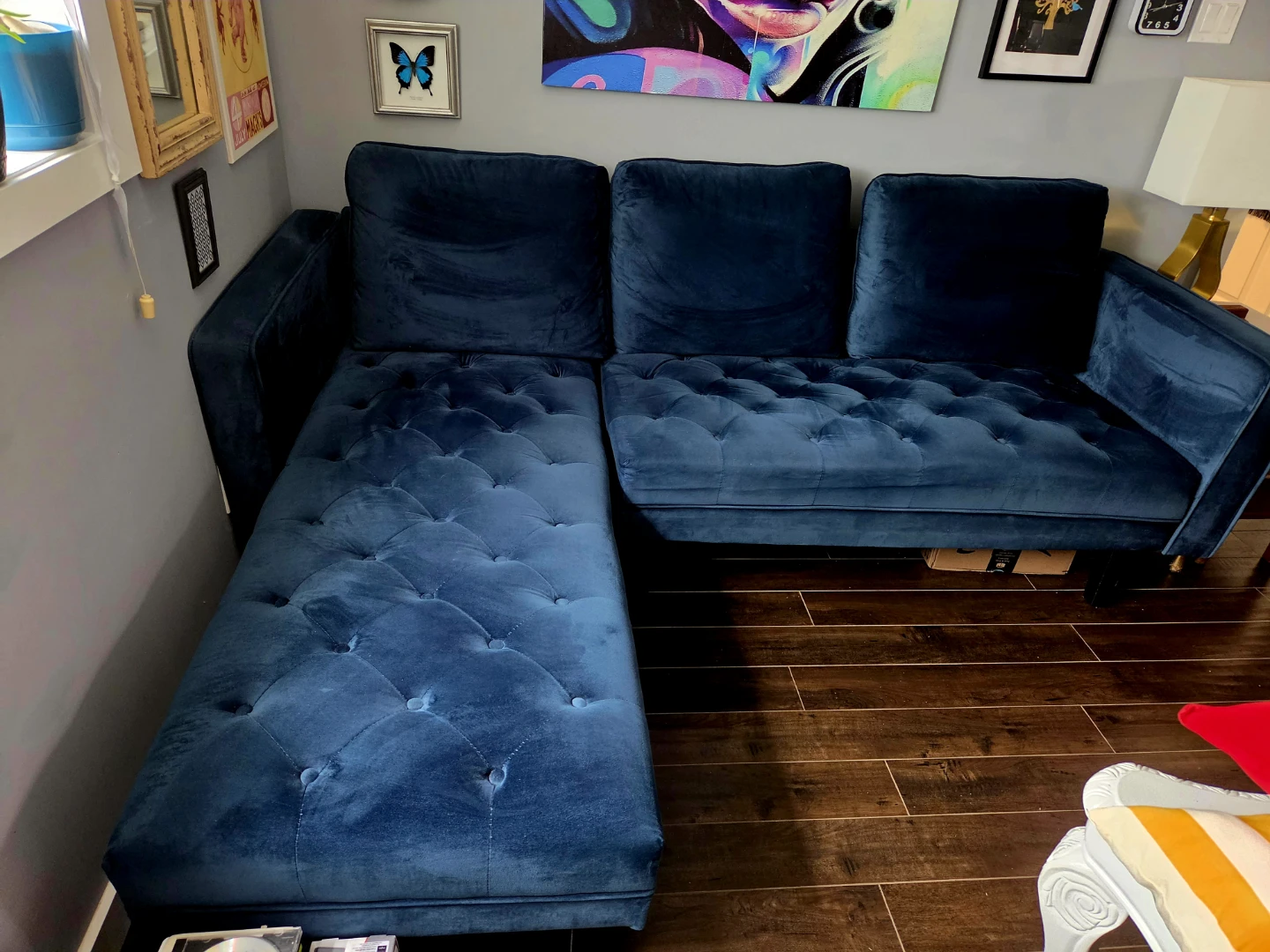 Sapphire Blue Velvet Sectional Sofa with Chair
