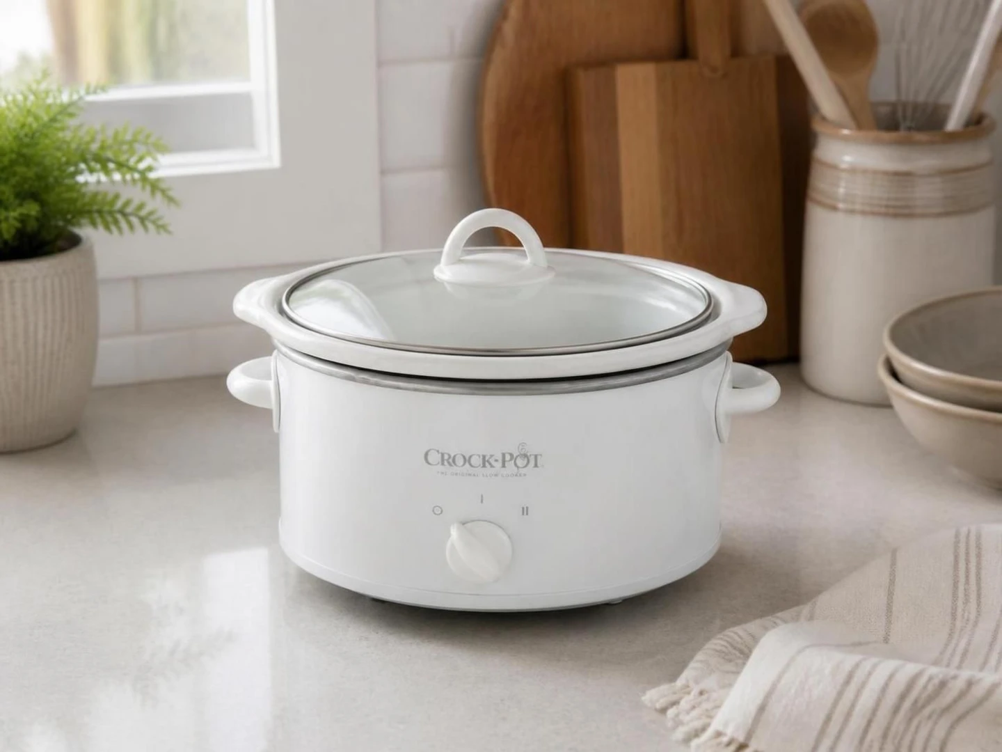 White Crock Pot Slow Cooker with Glass Lid