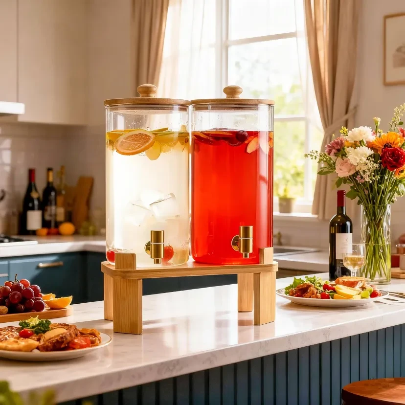 Glass Beverage Dispenser Set with Wood Stand