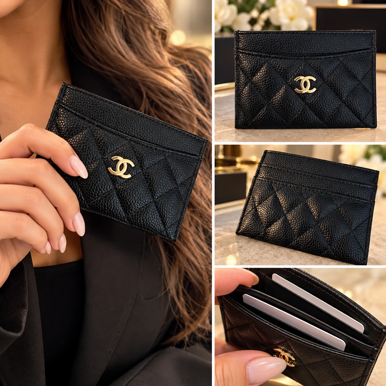 Quilted Caviar Leather Card Holder