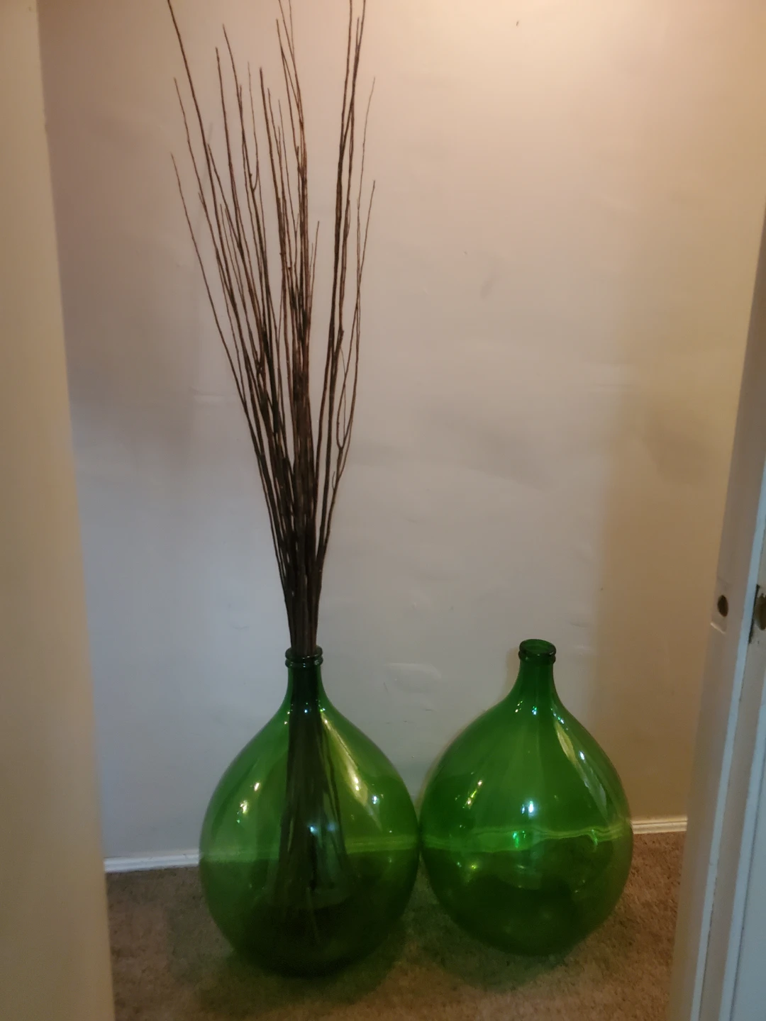 Two Vintage  Villani Green Glass Demijohns with Willow Branches - photo 2