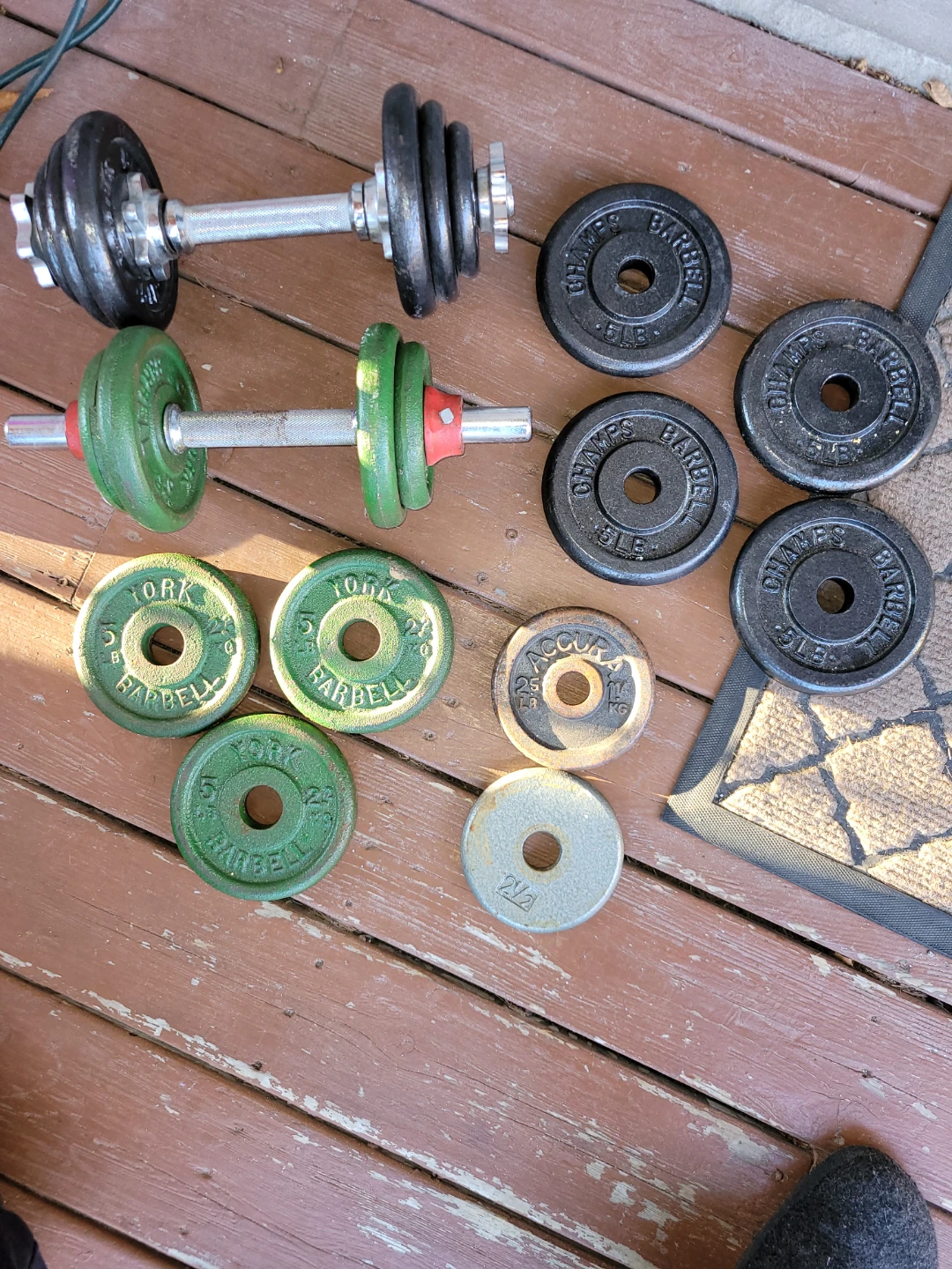 Assorted Dumbbell and Barbell Weights with Bars