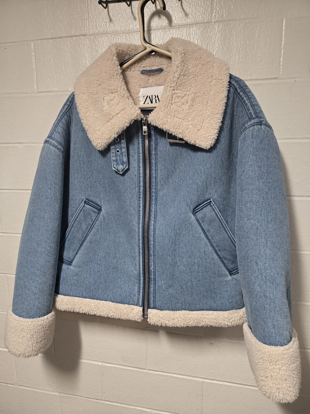 Zara Denim Faux Shearling Aviator Sherpa Biker Jacket Medium - photo 5