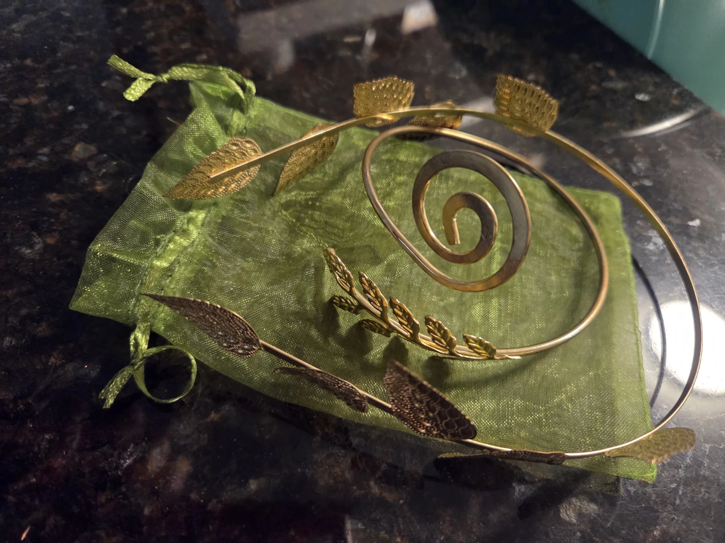 Gold Tone Leaf Headband and Spiral Arm Cuff Set