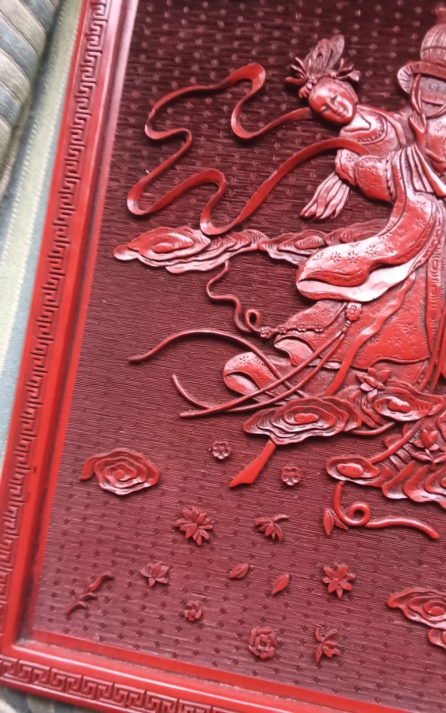 Carved Cinnabar Lacquer Wall Plaque - Lan Caihe Relief - photo 5