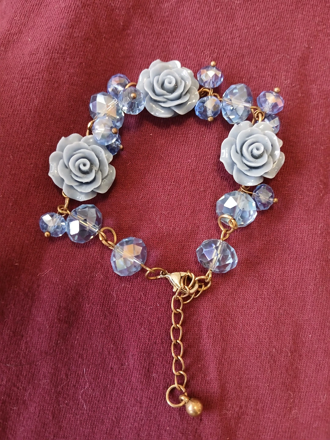 Blue Rose and Crystal Bead Bracelet