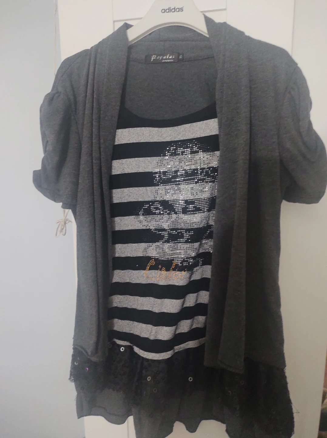 grey cardigan with striped shirt