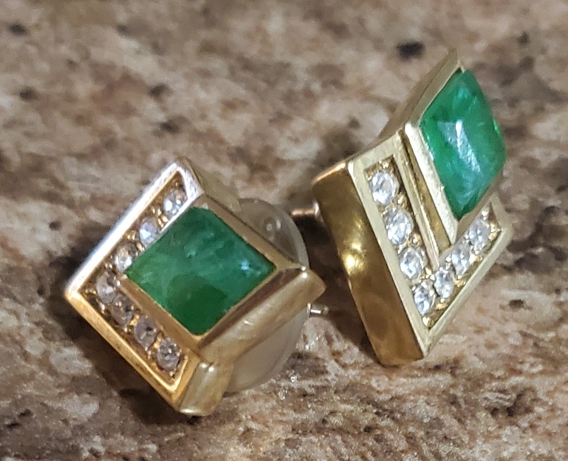 Gold Tone Emerald and Crystal Stud Earrings