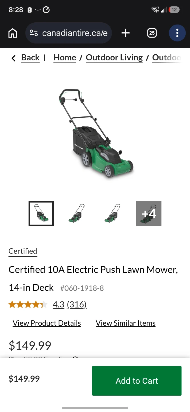 Certified 10A Electric Push Lawn Mower, 14-in Deck