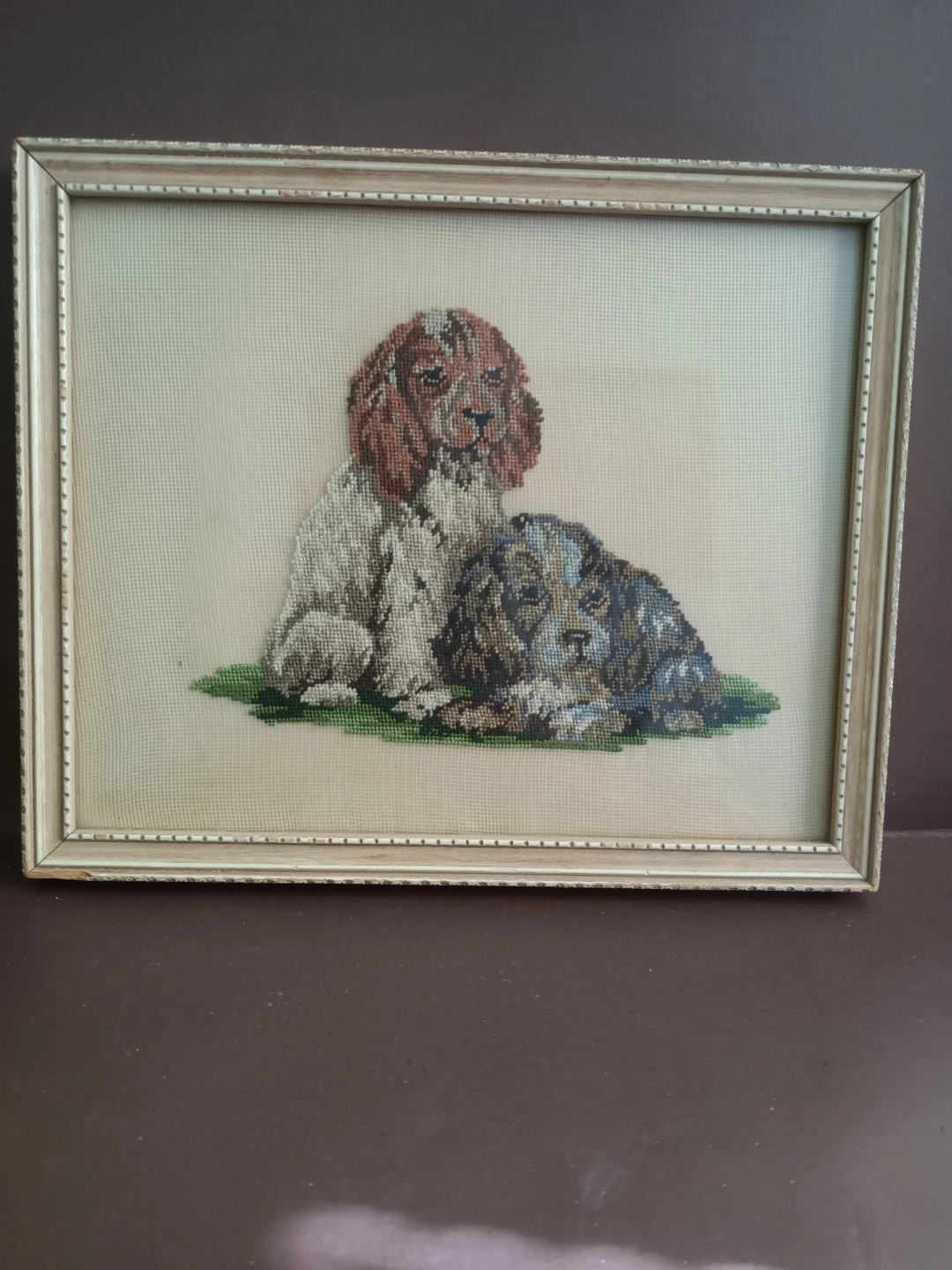 Vintage Framed Cross-Stitch Dog Art