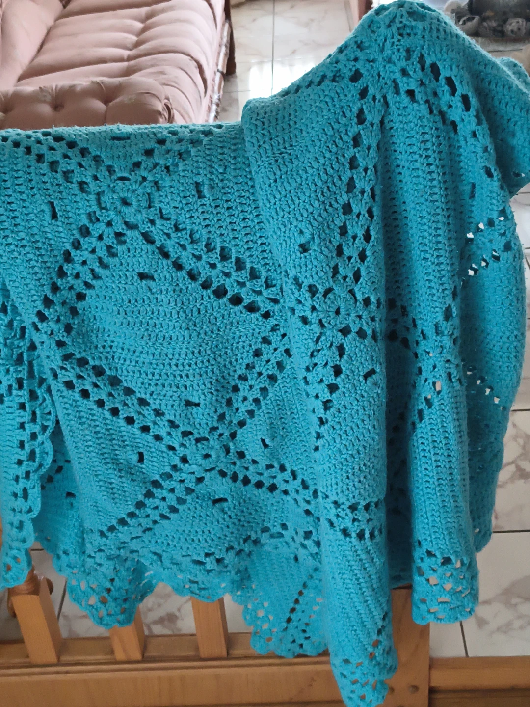 Hand-crocheted teal throw blanket - photo 2