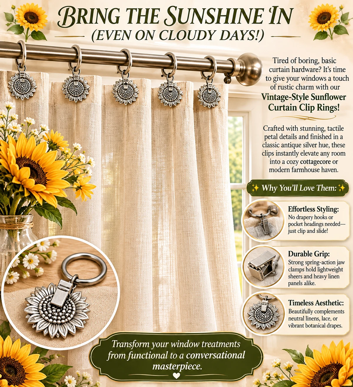🌻Vintage Style Sunflower Curtain Clip Rings🌻