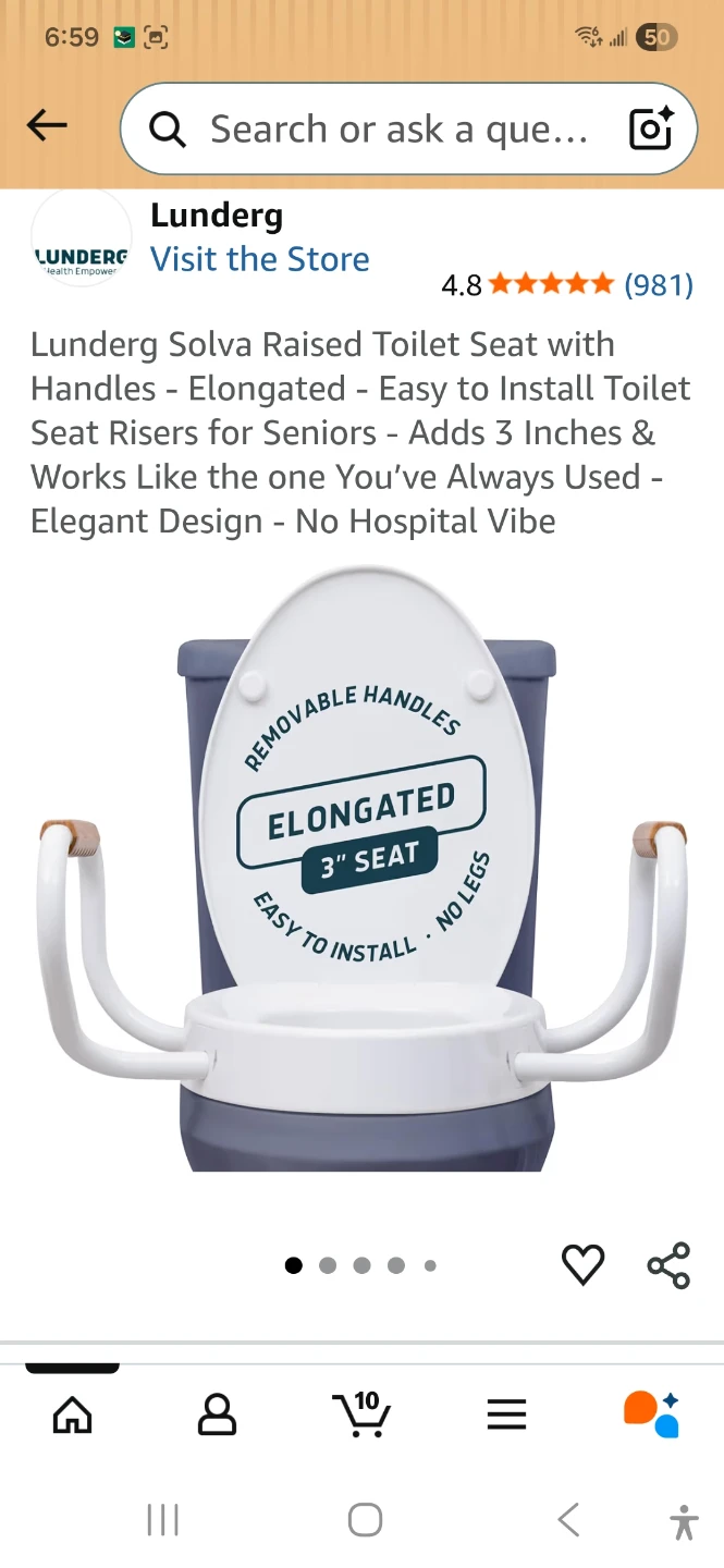 Lunderg Solva Elongated Raised Toilet Seat with Handles