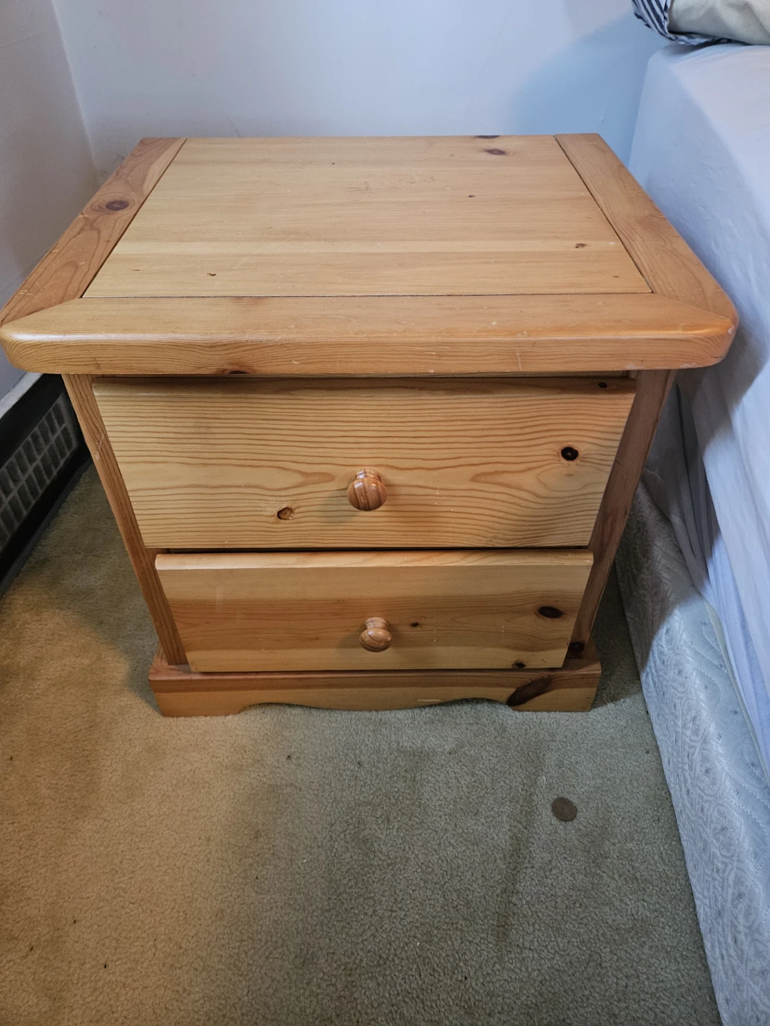 Solid pine wood nightstand with two drawers