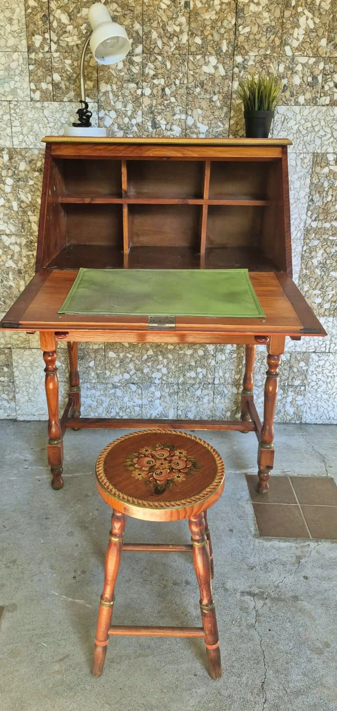 Hand Painted Floral Them Drop Down Walnut Secretary Desk - photo 3