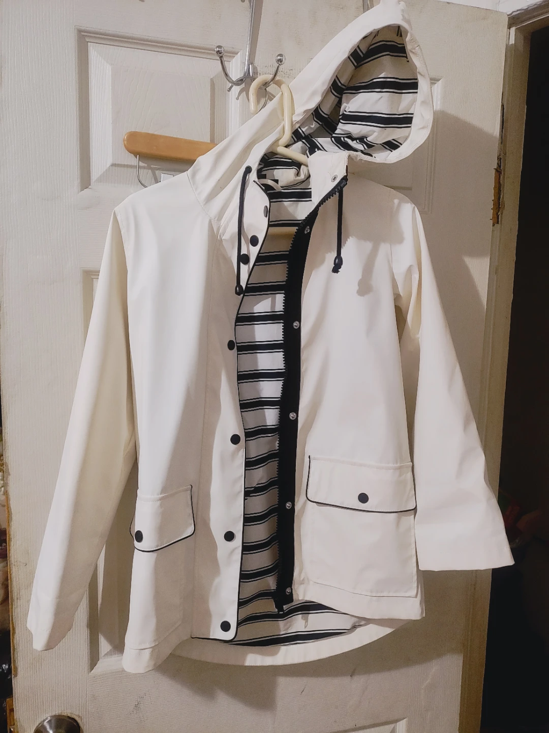 White Hooded Rain Jacket with Striped Lining - photo 3