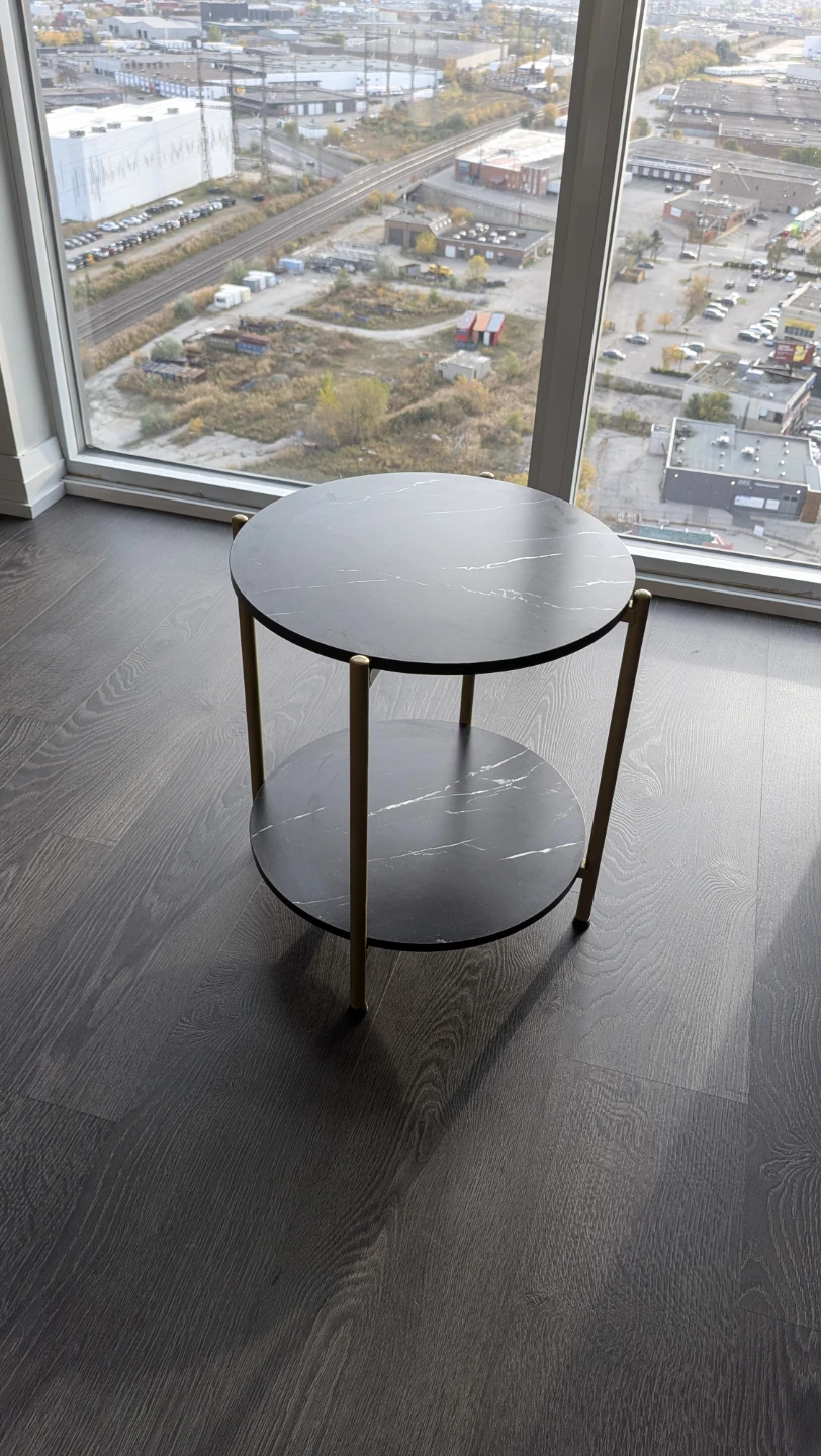 Modern 2-Tier Round Side Table – Black Marble & Gold (Like New)