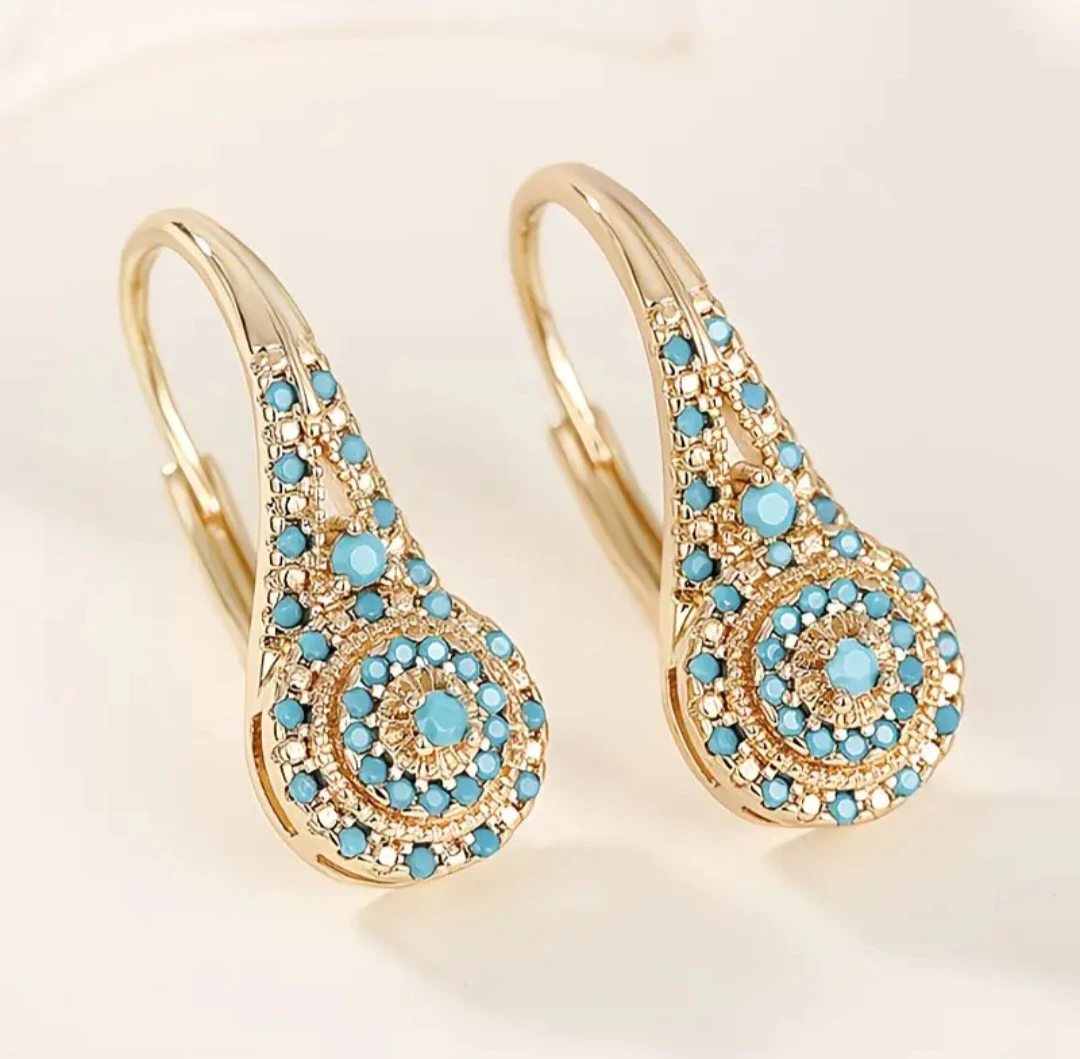 Gold-tone drop earrings with blue stone inlay - photo 3