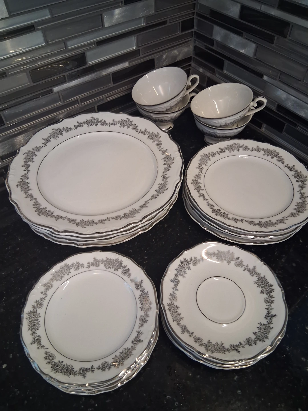 Vintage Floral Dinnerware Set with Silver Trim