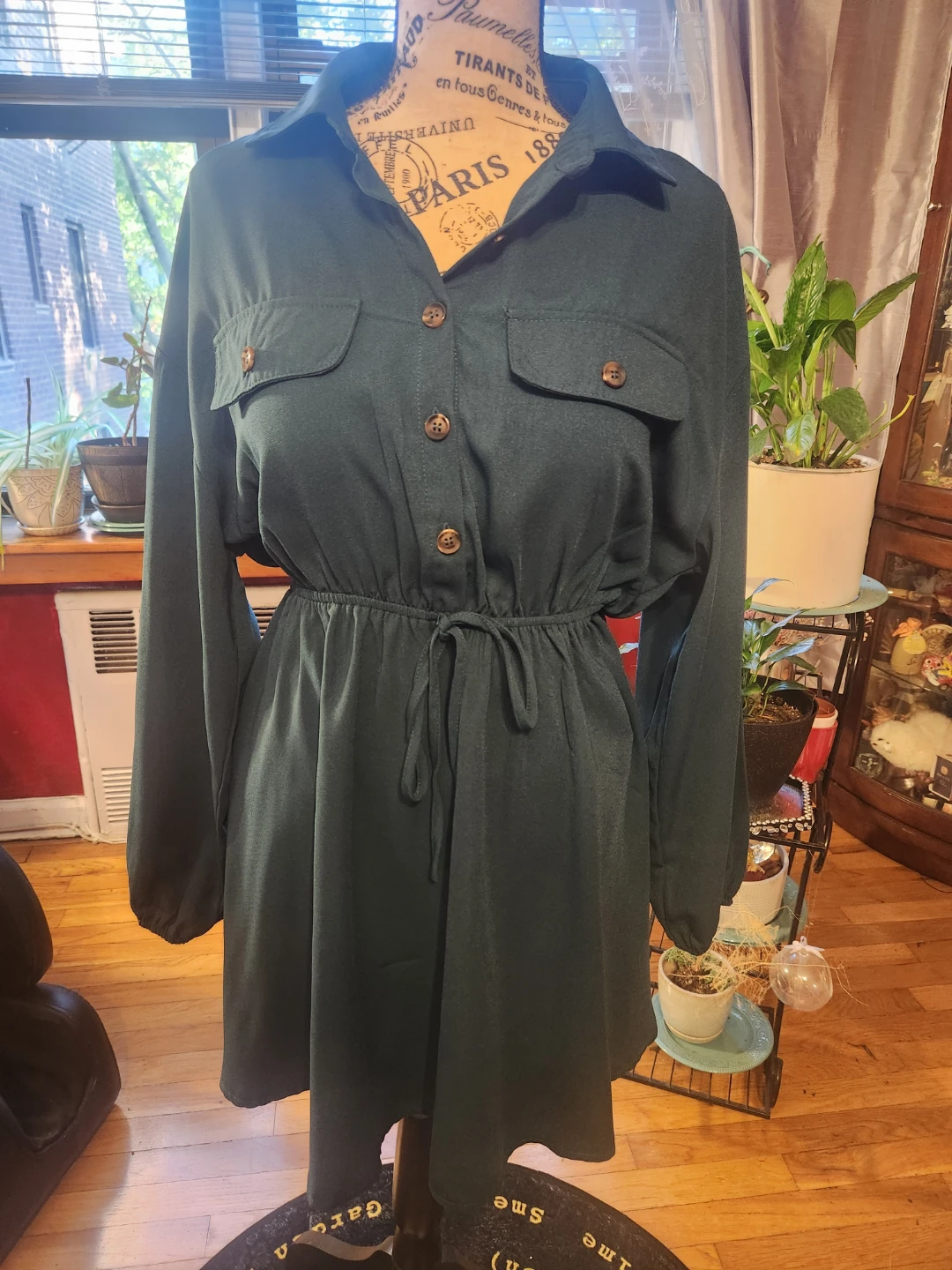 Casual Dark Emerald Green Long Sleeve Drawstring Shirt Dress