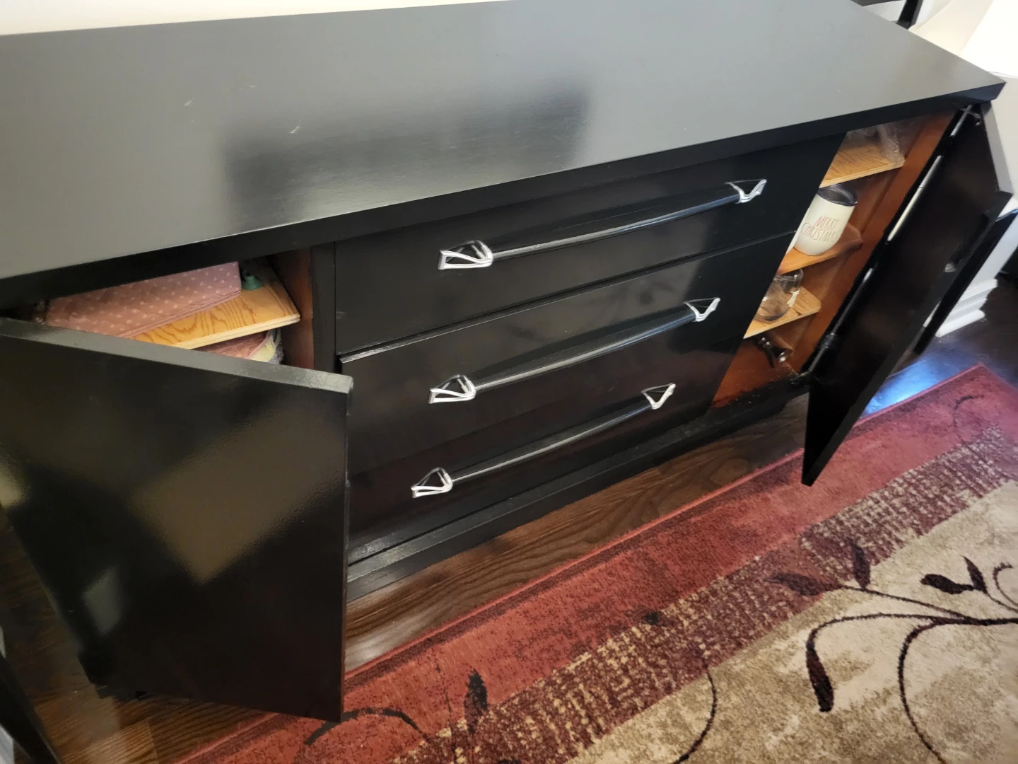 Black Wooden Sideboard with Drawers and Shelves - photo 2