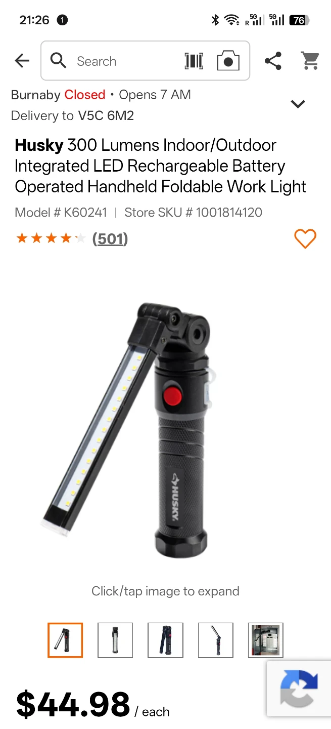 Husky 300 Lumens Rechargeable LED Flip Work Light