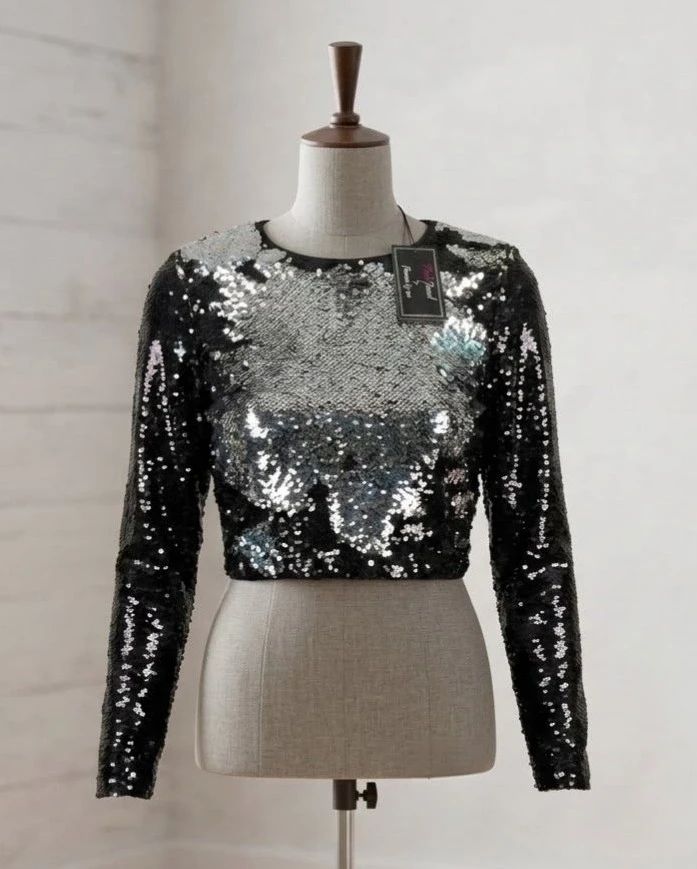 New  Black and Silver Sequin Long Sleeve Top