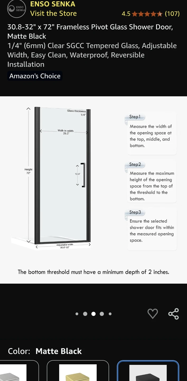 Enso Senka Frameless Pivot Shower Door Matte Black - photo 2