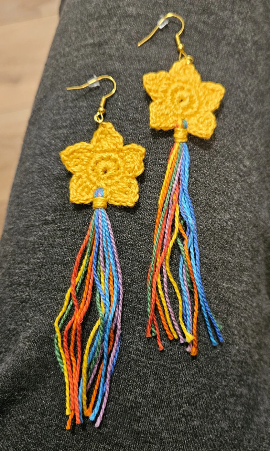 Handmade Yellow Crochet Star Rainbow Tassel Earrings