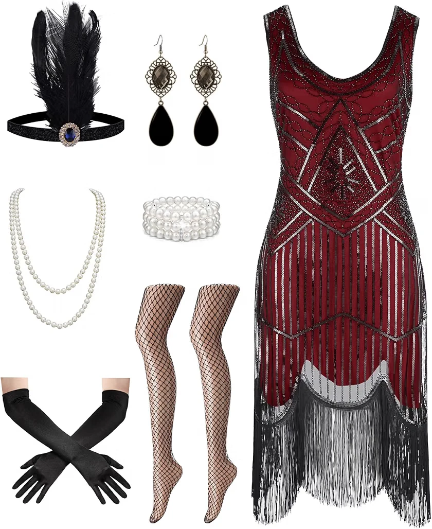 1920s 7 Pc Flapper Costume + Accessory Set S-M