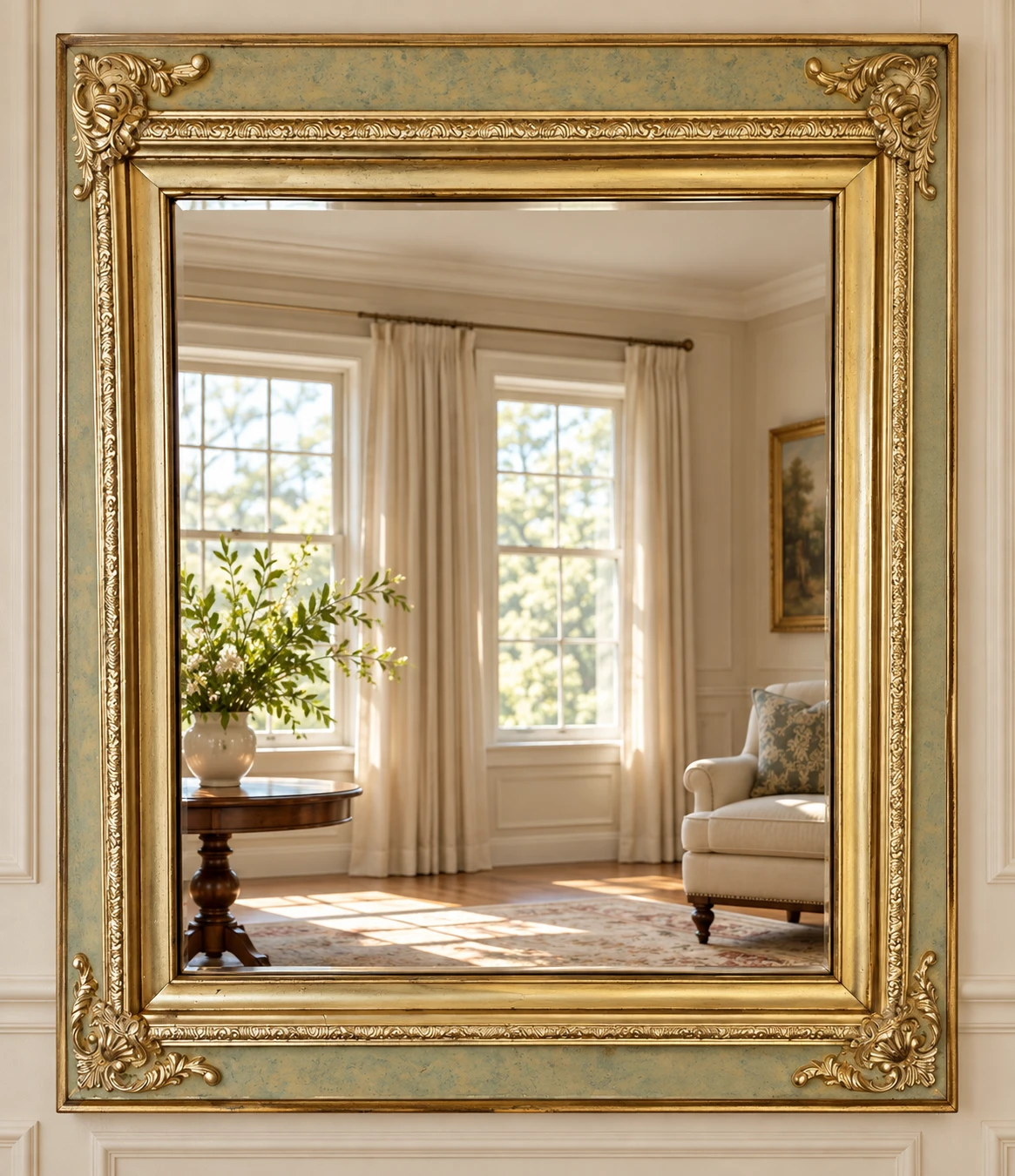 Vintage 30s Ornate Gold and Sage Green Wall Mirror - photo 3
