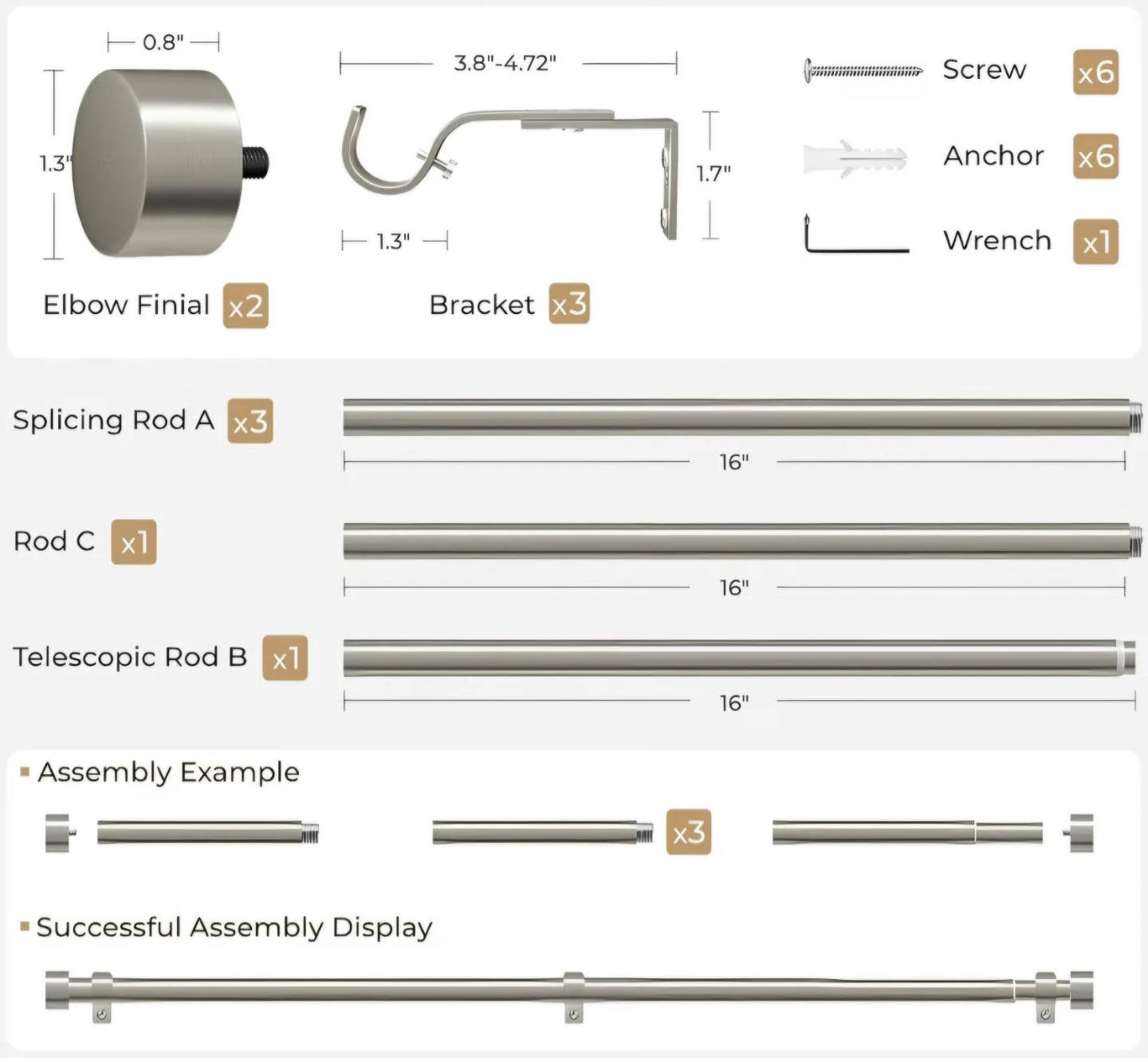 Brushed Nickel Curtain Rod Adjustable 48"×86" Heavy Duty - photo 5