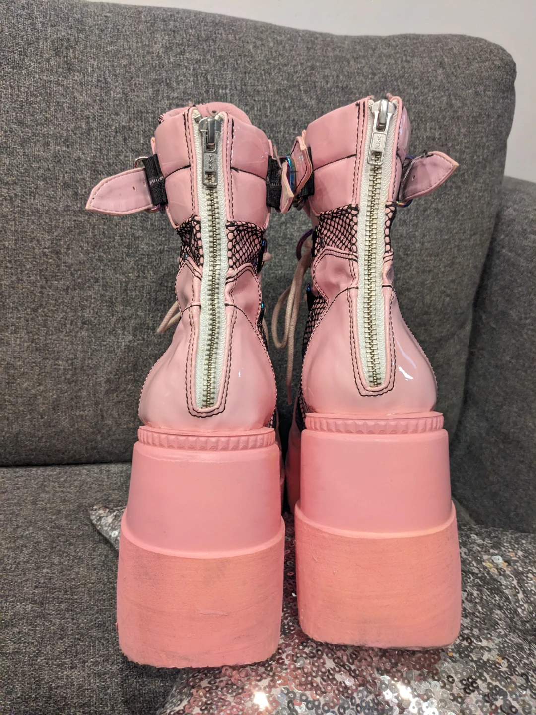 Demonia Shaker 60 pink black mesh rainbow metal platform boots - photo 2