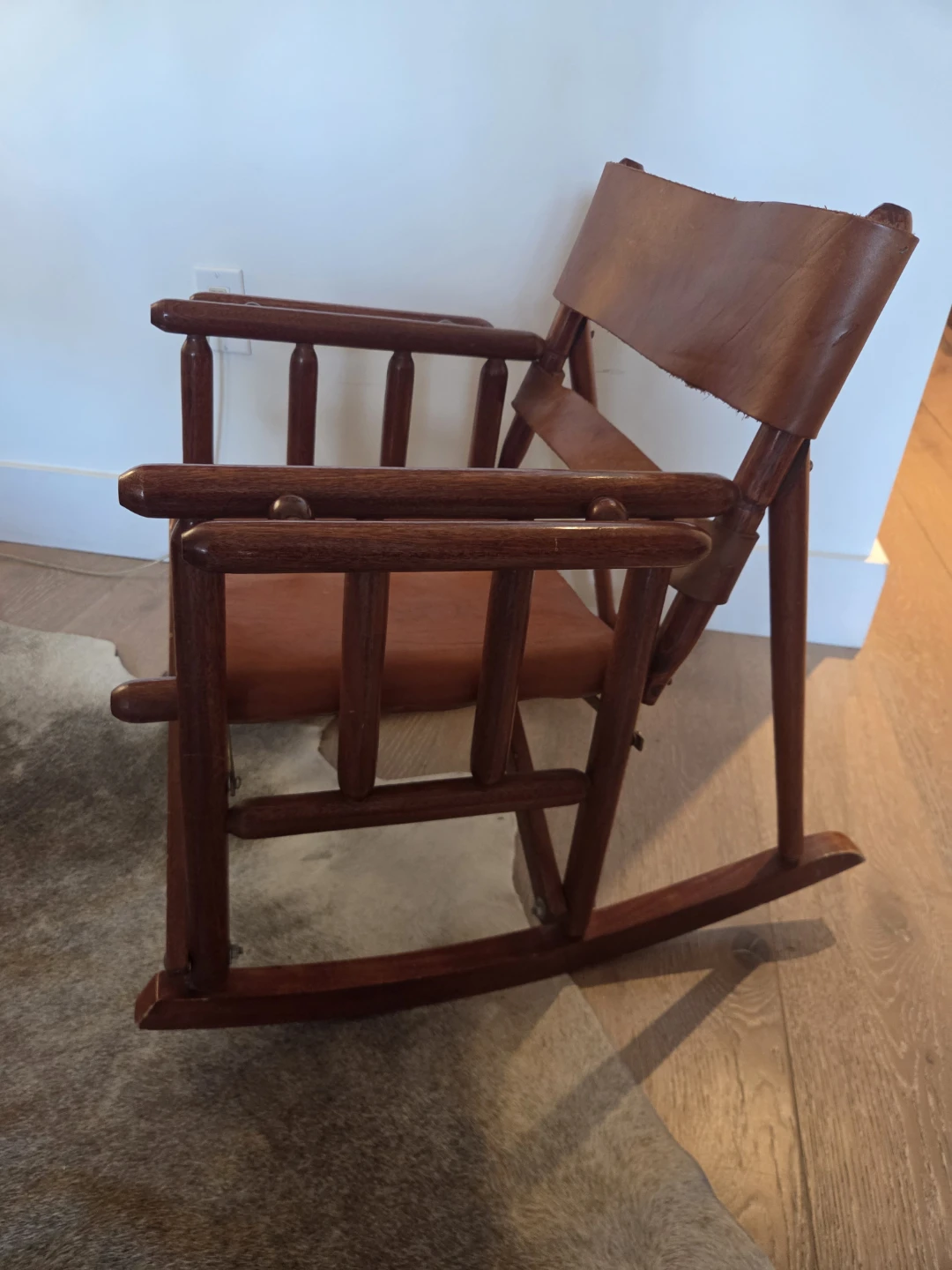 Vintage Wooden Leather Folding Rocking Chair - photo 4