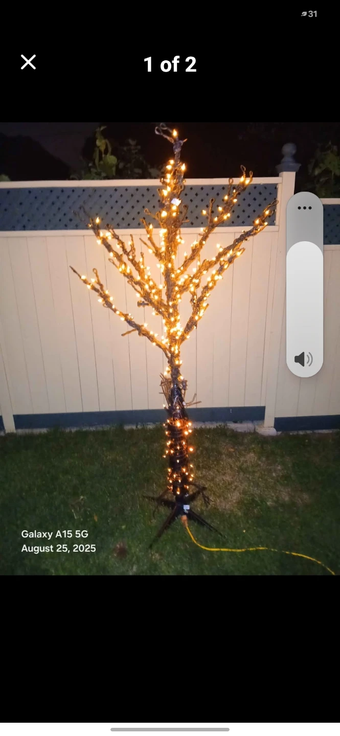 Halloween outdoor twig tree. 100 orange lites. 6 feet talo