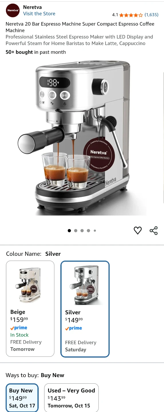 Neretva 20 Bar Espresso Machine - Silver BNIB