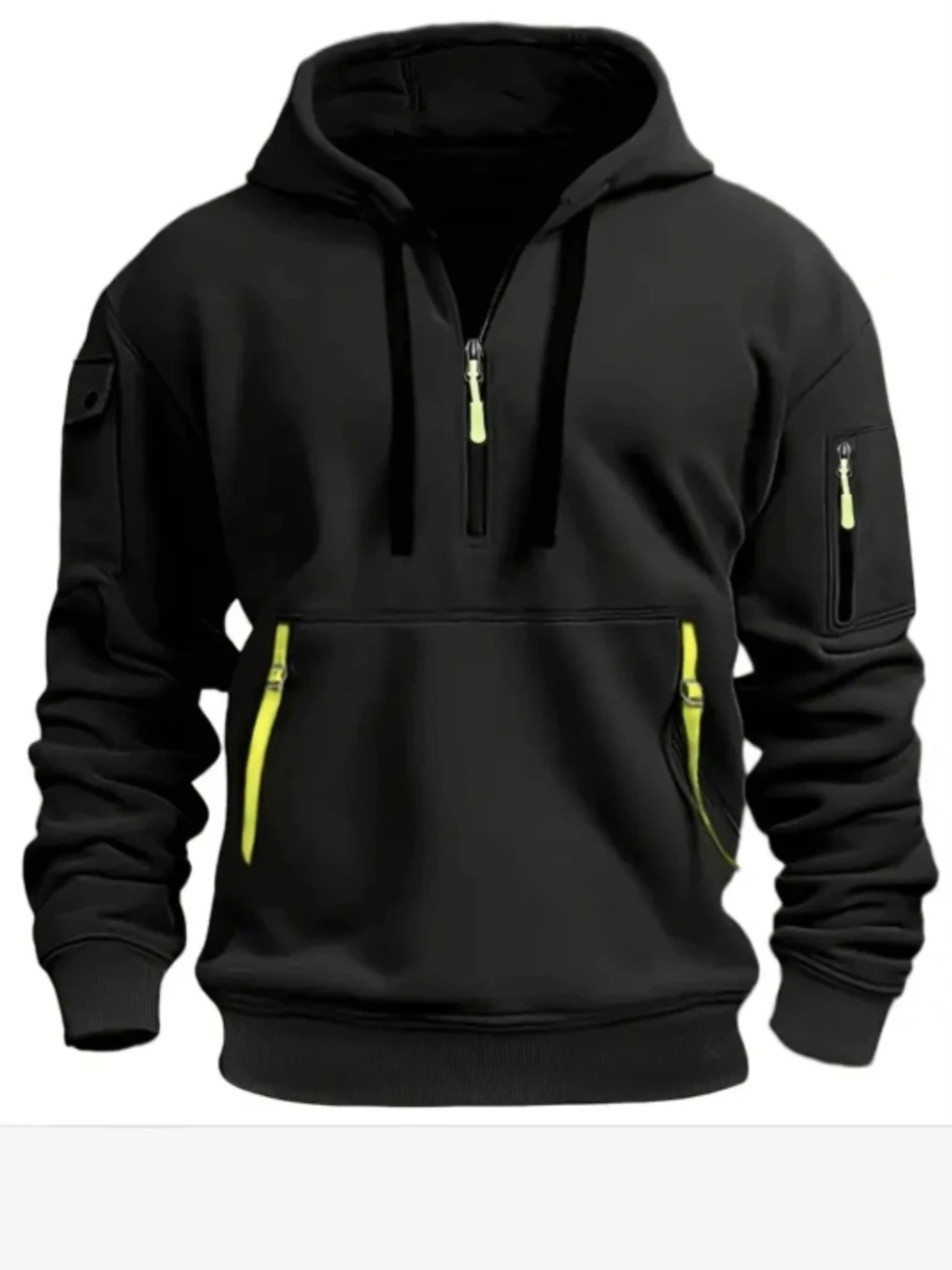 Men's black hooded sweatshirt, half zip. Multiple sizes.