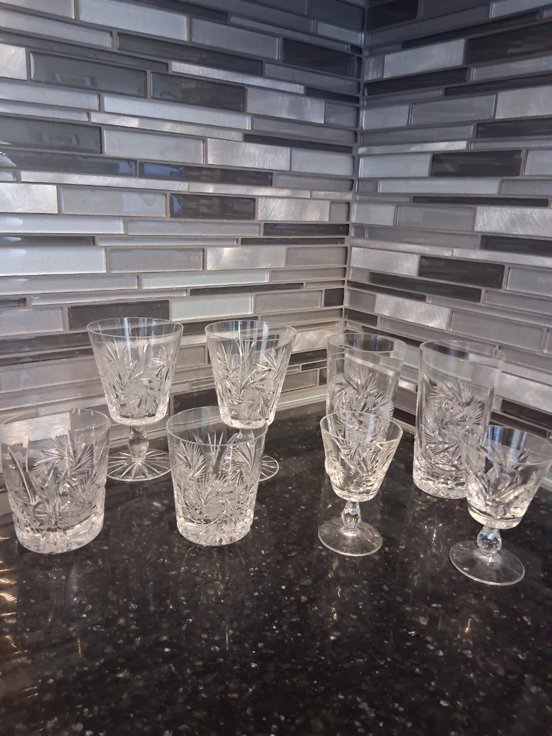 Set of 7 Vintage Pinwheel Cut Crystal Glasses