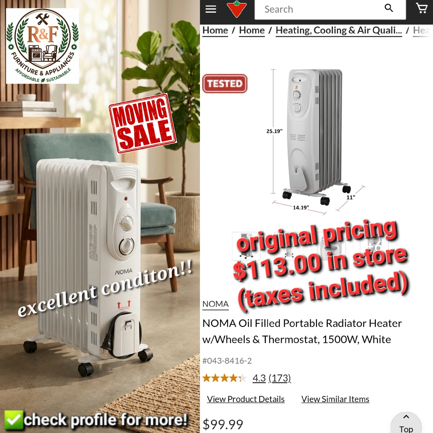 ✴️ NOMA Portable Radiator Heater w. Wheels & Thermostat, 1500W