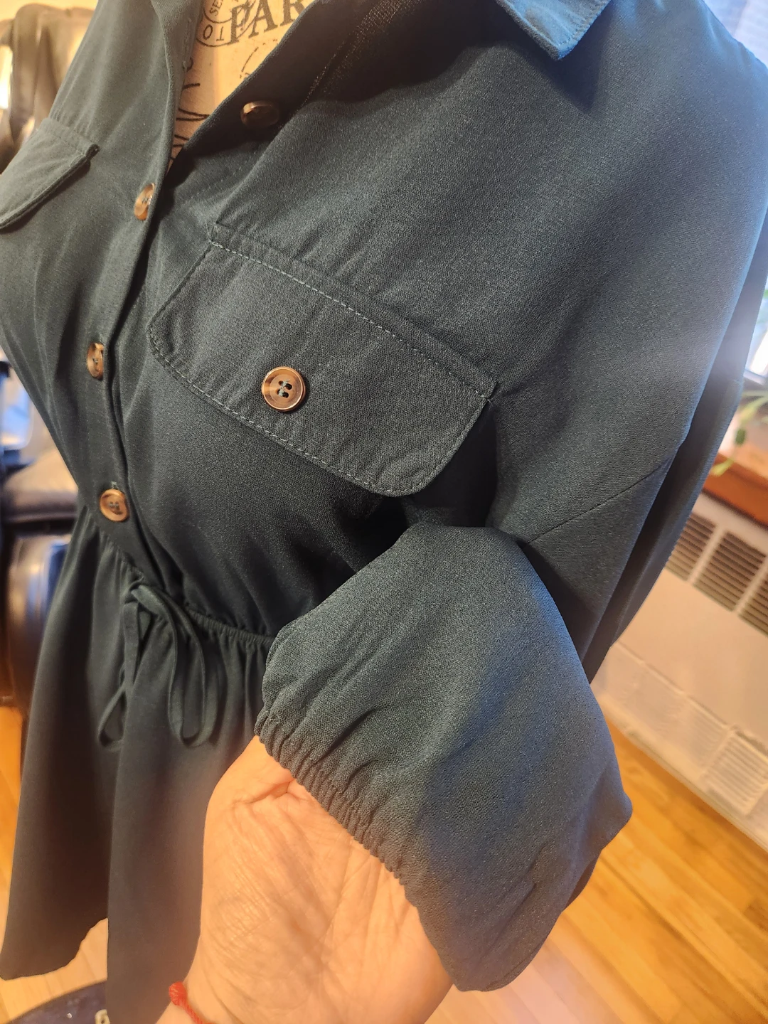 Casual Dark Emerald Green Long Sleeve Drawstring Shirt Dress - photo 4
