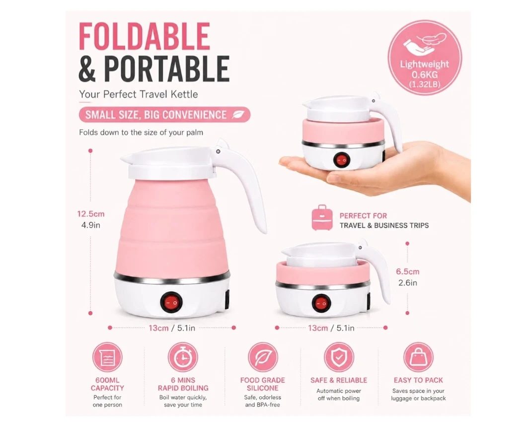 Collapsible Electric Kettle – Pink & White 🌸 - photo 4