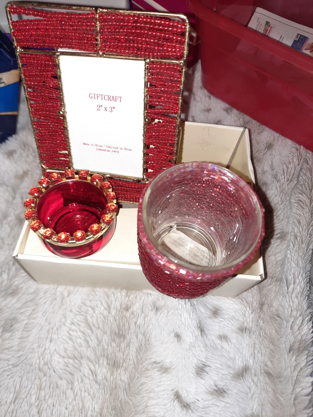 Giftcraft Red Beaded Photo Frame & Glass Candle Holder Set