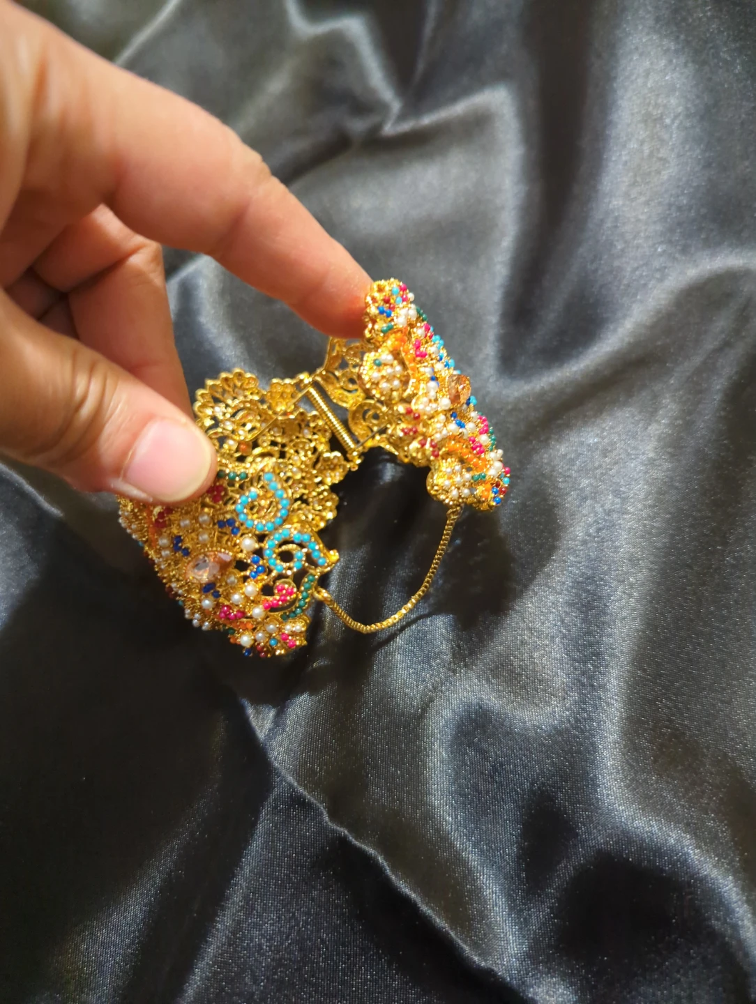 Ornate Gold-Tone Multi-Coloured Stone Bangle - photo 5