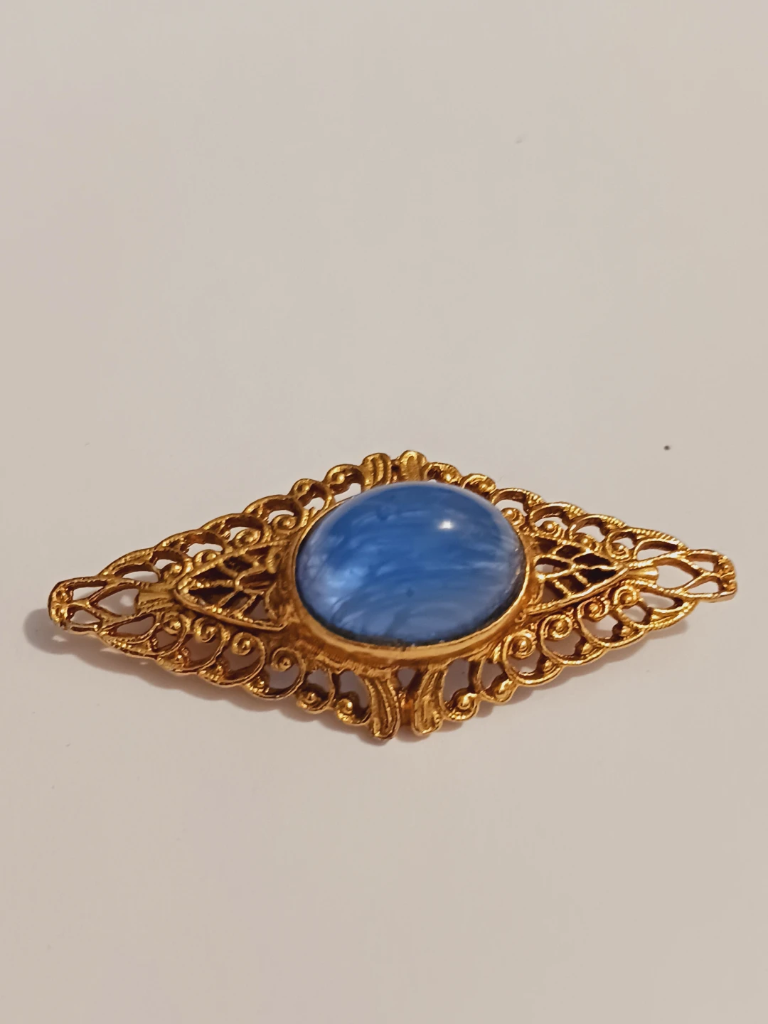 Gold Gilt Filigree Blue Swirling Gemstone Cabochon Brooch - photo 3