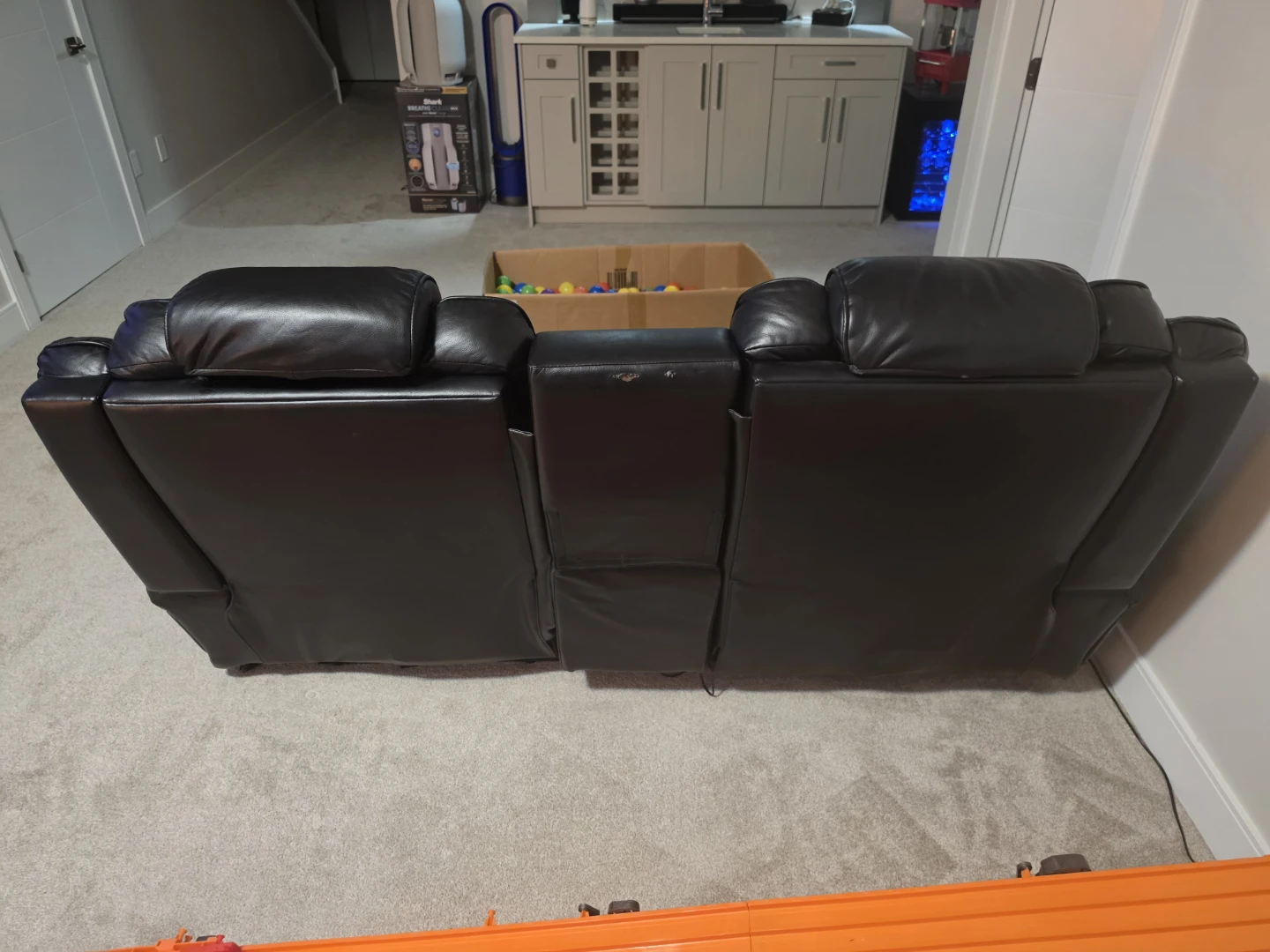 Black Leather Reclining Loveseat with 3 Consoles - photo 3