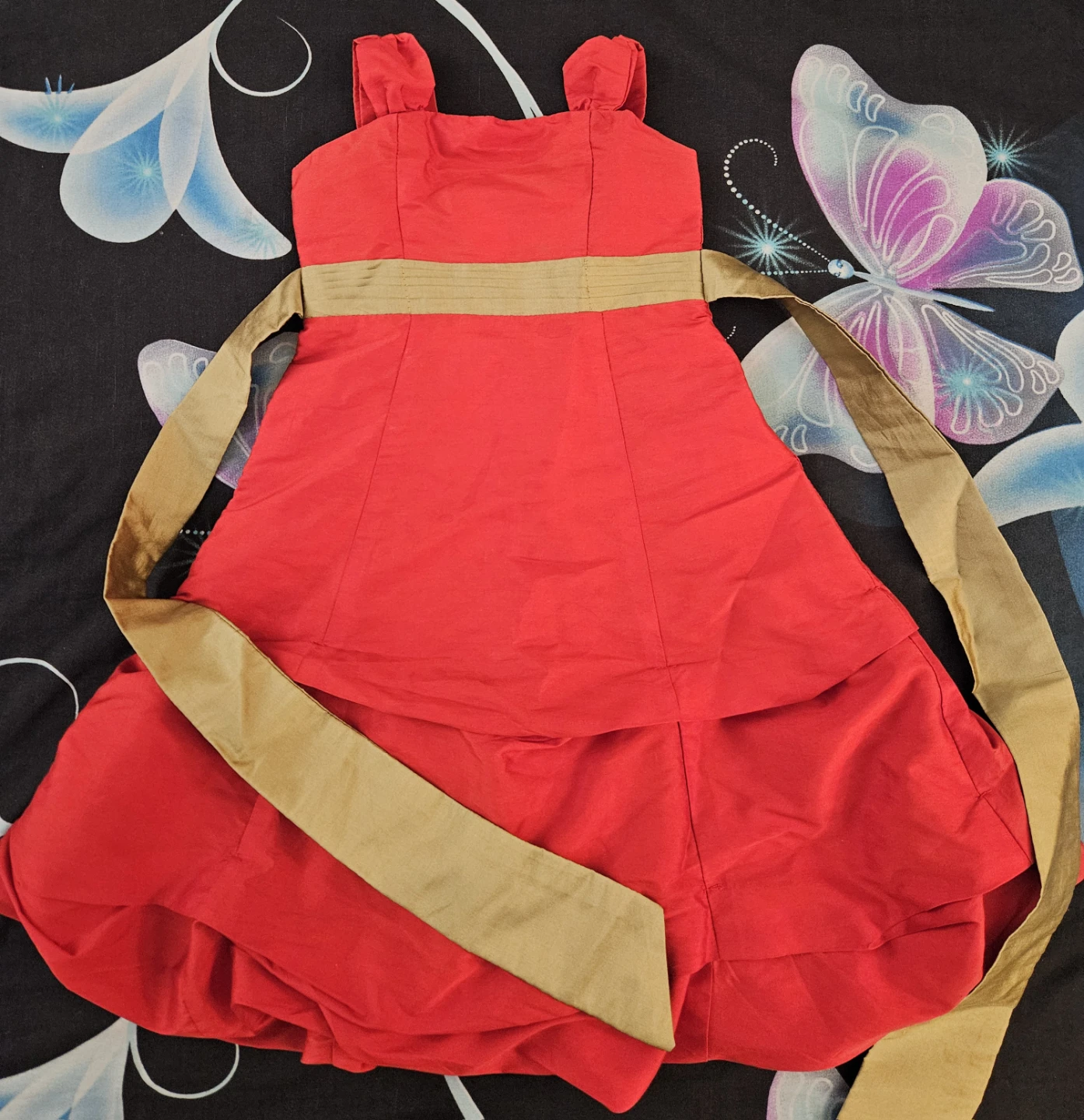 Red Sleeveless Dress with Gold Sash