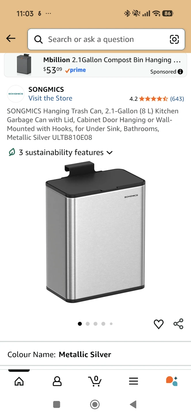 SONGMICS Hanging Trash Can 8L Metallic Silver - photo 3