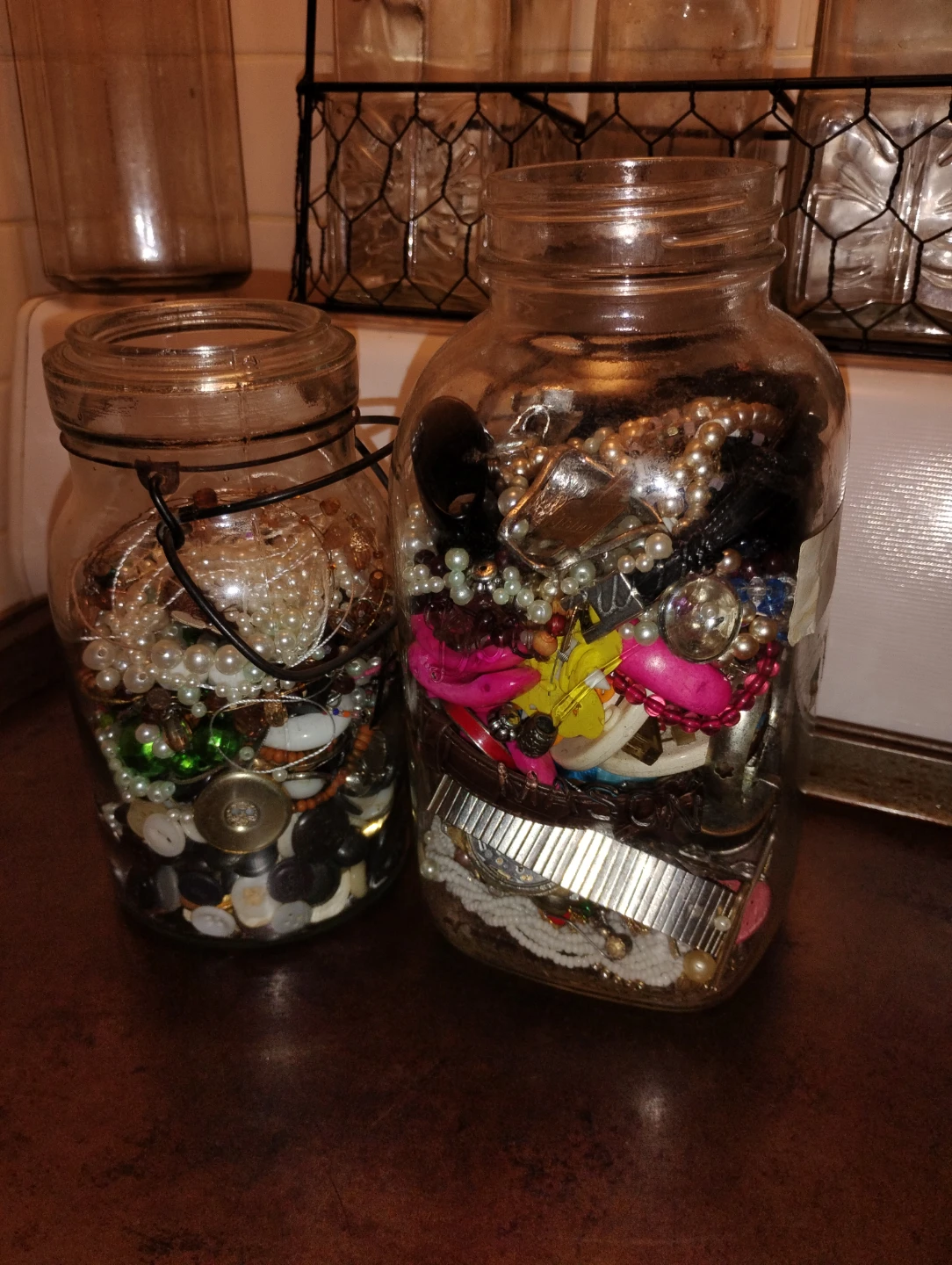 Two Vintage Glass Jars with Jewelry n Assorted Craft Supplies